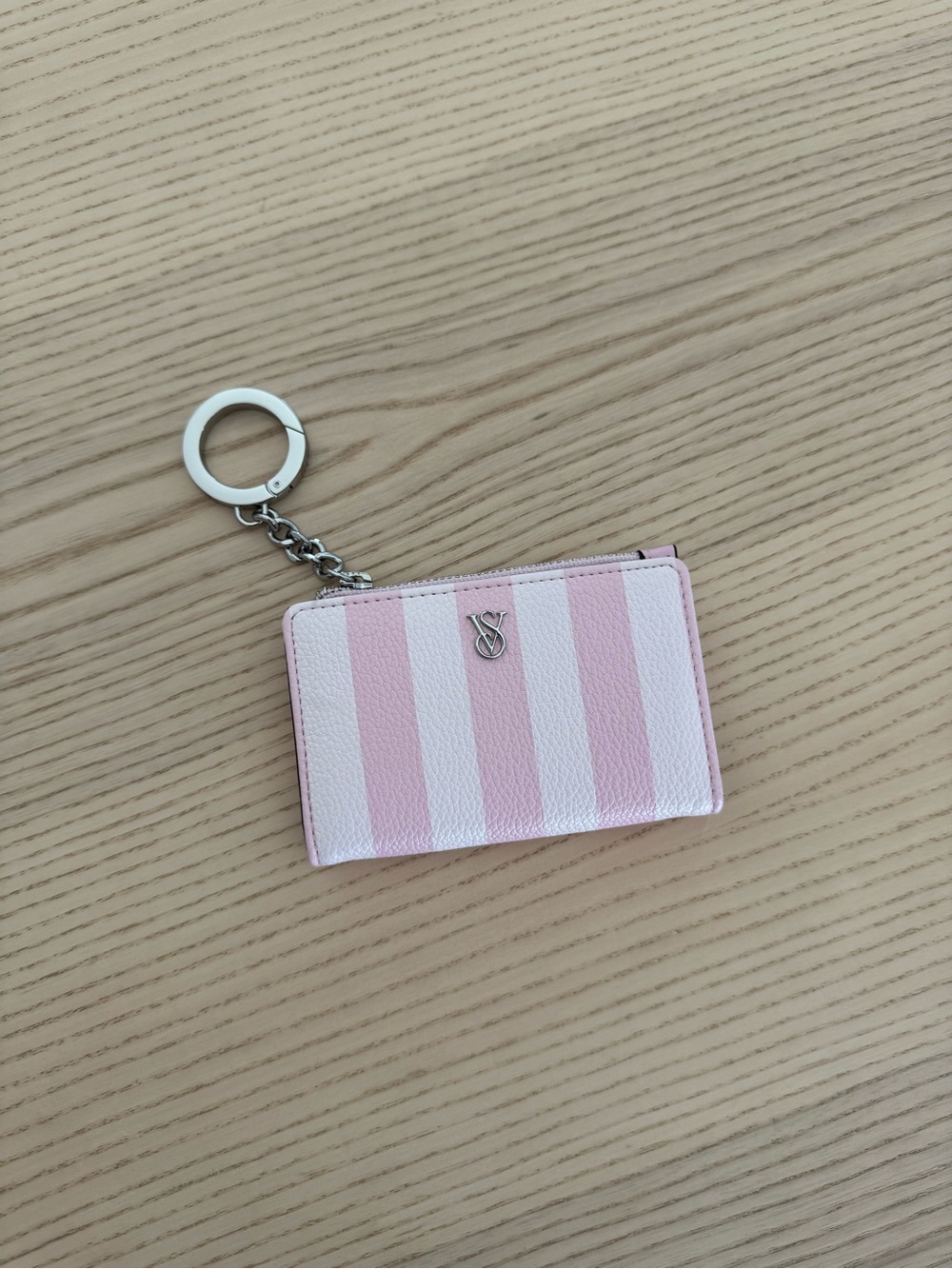 Victorias Secret Striped Pink Keycard Holder with Silver Logo